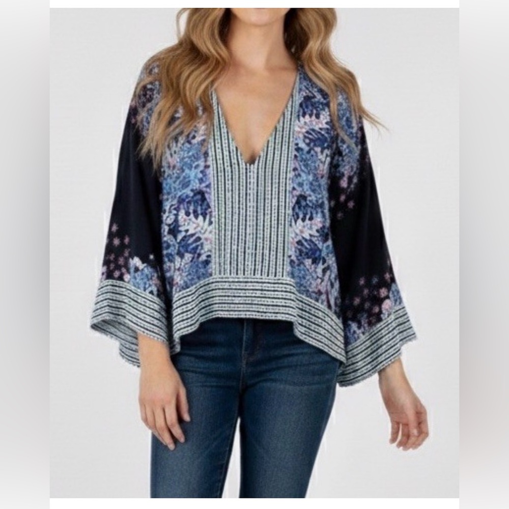 NWOT Free People Floral V-Neck Blouse Bell Sleeve Sz L